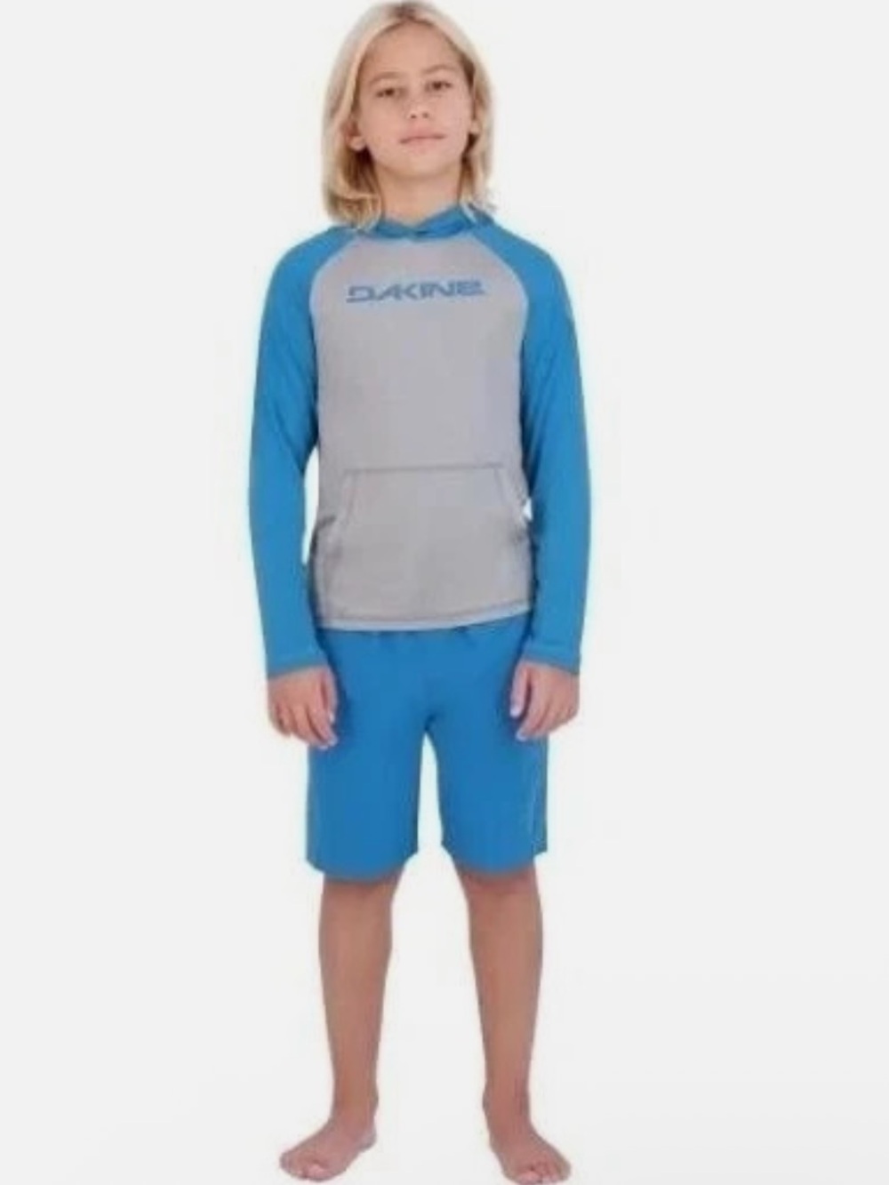Dakine Hooded Swim Boys 2-piece Swim Set Rash Guard UPF 30+ Blue Gray Quick Dry